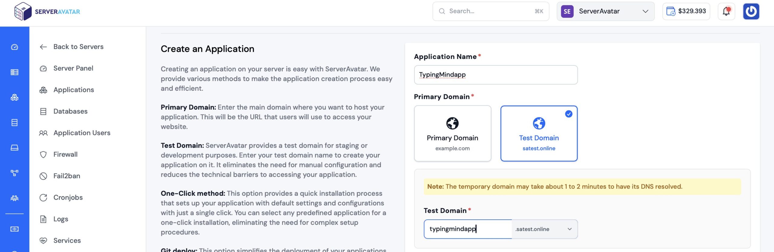 Create Application-ServerAvatar